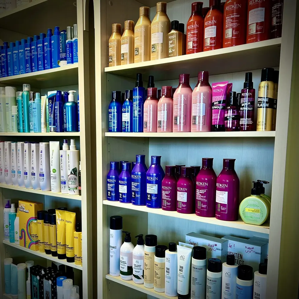 A display of salon-quality hair products inside Cabana Salon
